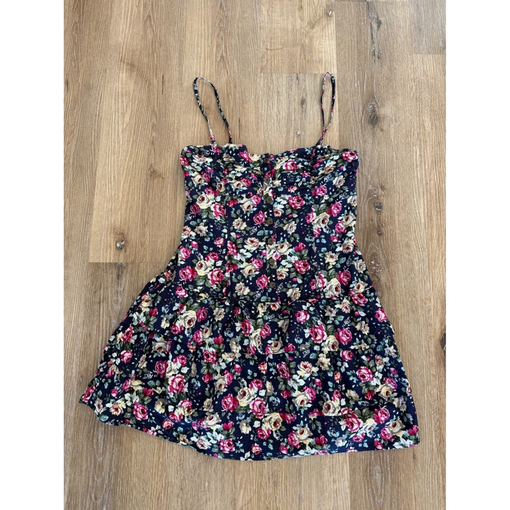Mine Floral Mini Dress Womens L Navy Pink Rose Button Front Tiered Cottagecore